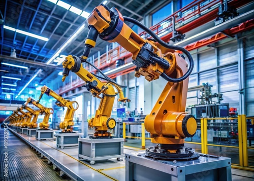 Candid Capture of Robotic Arm Executing Precision Assembly in High-Tech Manufacturing Facility, Showcasing Advanced Automation and Efficiency in Industrial Processes