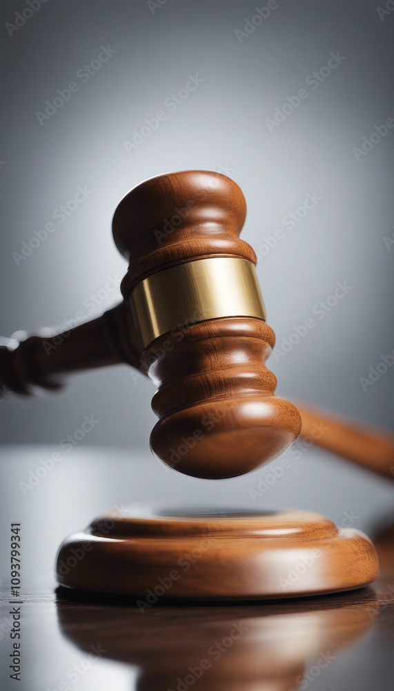 Vertical close-up of a wooden judge gavel on a reflective surface side view symbolizing judicial aut Vertical close-up of a wooden judge gavel on a reflective surface side view symbolizing judicial aut
