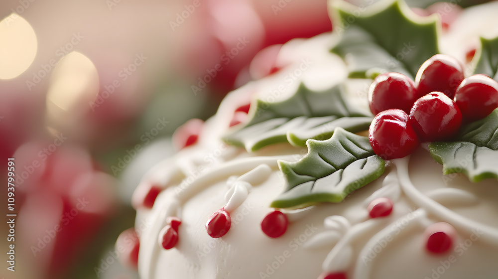 A traditional Christmas cake topped with marzipan and white fondant decorated with holly. A traditional Christmas cake topped with marzipan and white fondant decorated with holly.