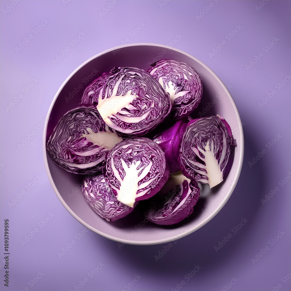 Fototapeta premium Fresh Purple Cabbage in a bowl on Light pastel purple background