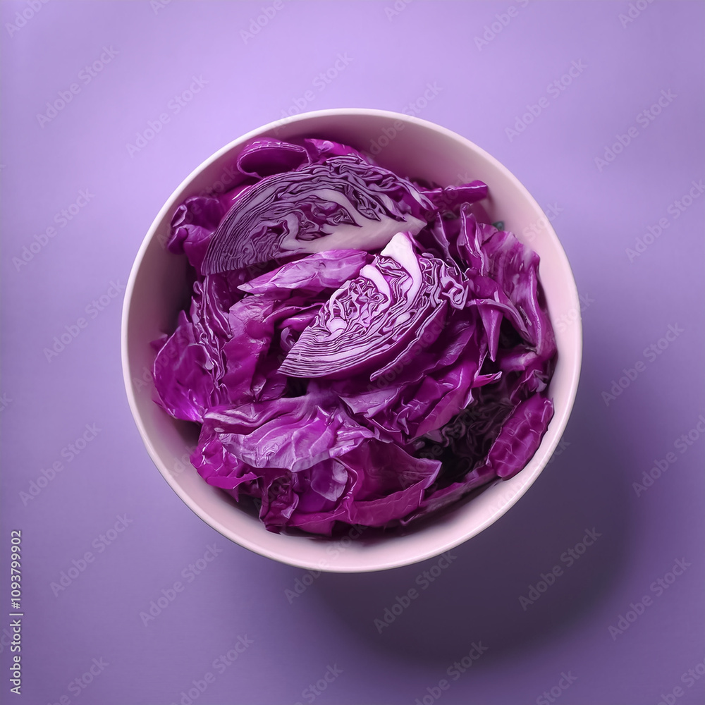 Obraz premium Fresh Purple Cabbage in a bowl on Light pastel purple background