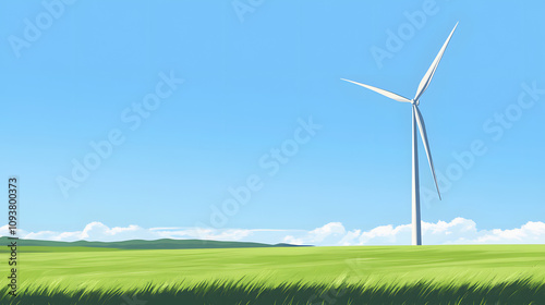 a wind turbine spins slowly in a green field under a clear blue sky highlighted by white, pop-art, png