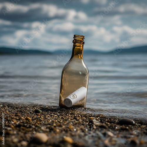 Message in a bottle on the beach, serene water background, nostalgic concept, copy space
 photo