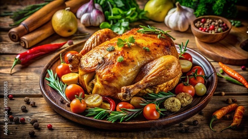 Candid Photography of a Whole Golden Roasted Chicken on a Rustic Wooden Table Surrounded by Fresh Vegetables and Aromatic Herbs, Perfect for Culinary and Food Photography Enthusiasts photo