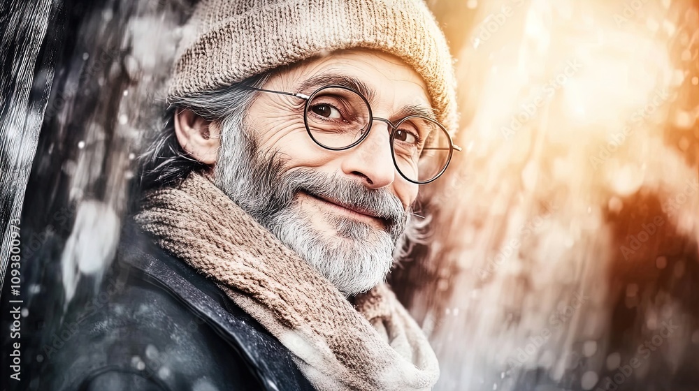 Warm and Cozy Close-Up Portrait of a Gray-Haired Man: Ideal for a Rustic Sporty Interior Poster or Winter Decor with Hat, Scarf, and Round Glasses Against a Wooden Wall