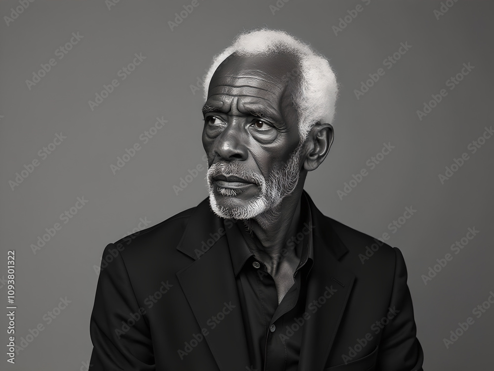 portrait of old man standing on gray background, black and white portrait of old man standing on gray background, black and white