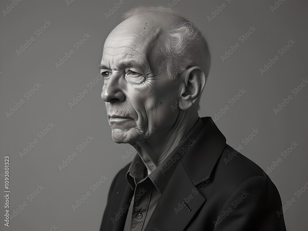 portrait of old man standing on gray background, black and white portrait of old man standing on gray background, black and white