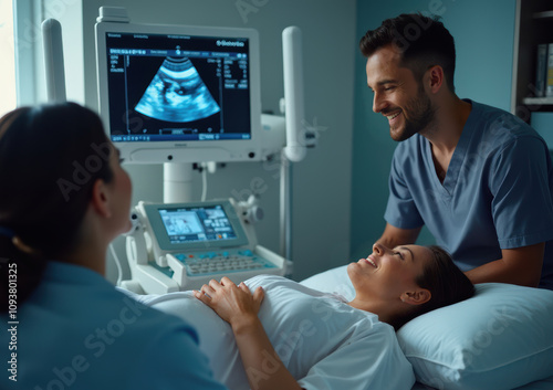 A joyful couple is seen viewing an ultrasound scan in a medical setting, showcasing excitement and love. The expecting parents are accompanied by a healthcare professional