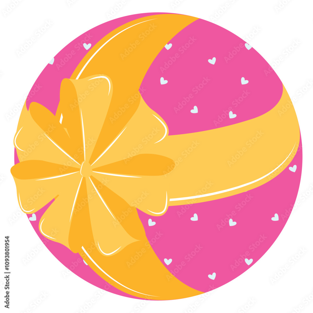 Pink round gift box with yellow bow and heart details, Vector Pink round gift box with yellow bow and heart details, Vector