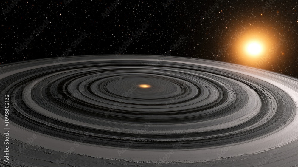 Fototapeta premium Surreal Planetary Landscape with Concentric Rings and a Distant Sun Illuminating a Cosmic Scene in Space