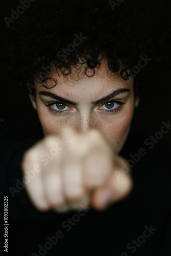 Young woman displays aggression, pointing her finger with a defiant expression against a black backdrop, conveying strength and anger