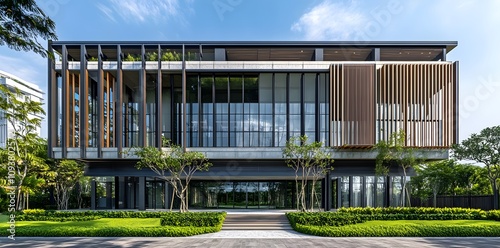 Wallpaper Mural Modern architectural building with large glass windows and greenery. Torontodigital.ca