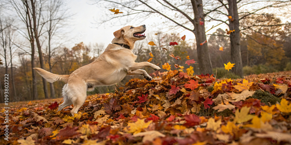 golden Labrador retriever joyfully playing in a pile of vibrant autumn leaves, with leaves mid-air golden Labrador retriever joyfully playing in a pile of vibrant autumn leaves, with leaves mid-air
