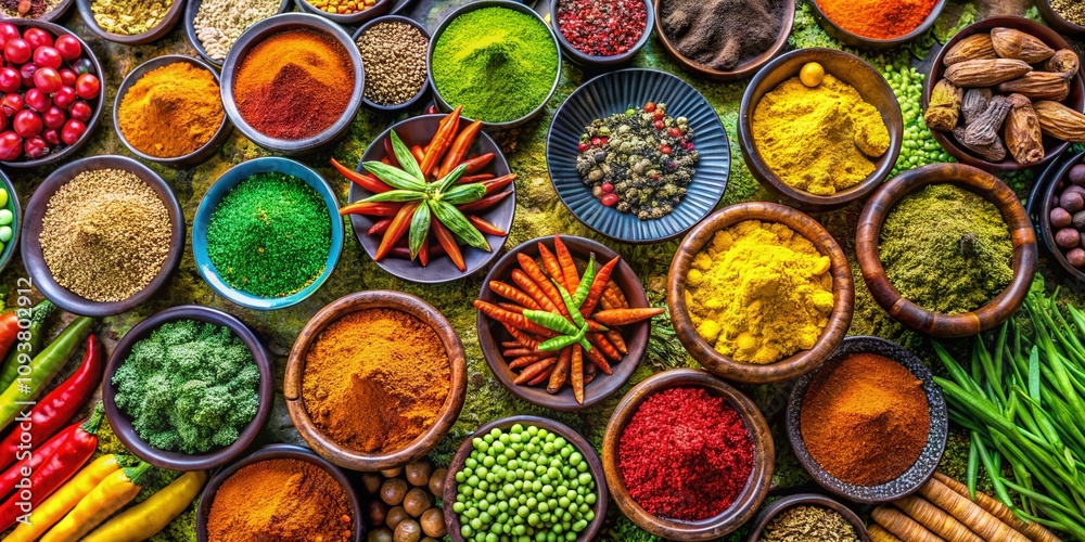 Captivating Aerial View of Sri Lankan Spices Including Lunu Dehi Lime Pickle Surrounded by Traditional Ingredients and Vibrant Colors in a Rustic Setting Captivating Aerial View of Sri Lankan Spices Including Lunu Dehi Lime Pickle Surrounded by Traditional Ingredients and Vibrant Colors in a Rustic Setting