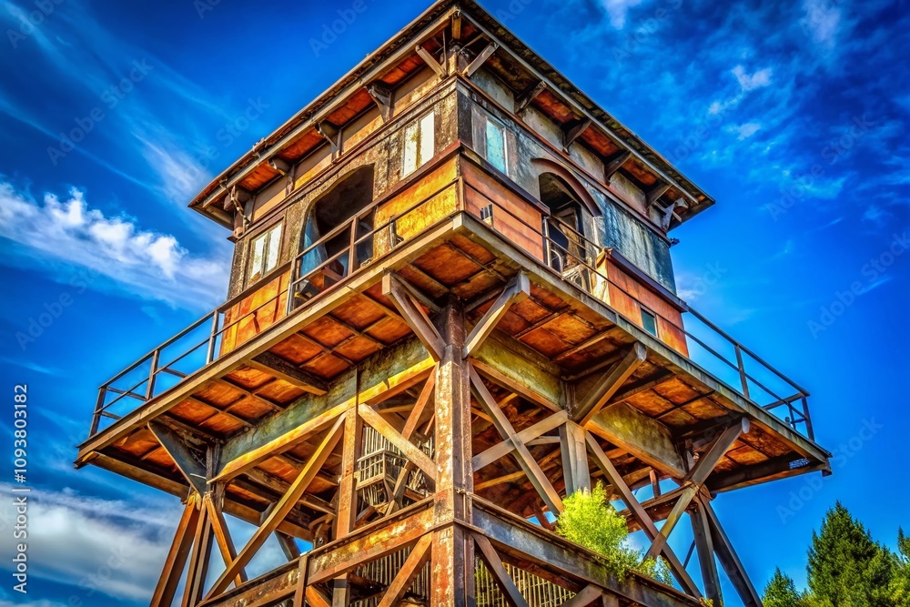Captivating Architectural Photography of an Old Rusty Tower Phylon of a Power Line Set Against a Clear Blue Sky, Showcasing the Intricate Details of Industrial History and Nature's Resilience Captivating Architectural Photography of an Old Rusty Tower Phylon of a Power Line Set Against a Clear Blue Sky, Showcasing the Intricate Details of Industrial History and Nature's Resilience
