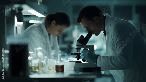 Scientists in white lab coats examining samples under a microscope in a sterile lab.