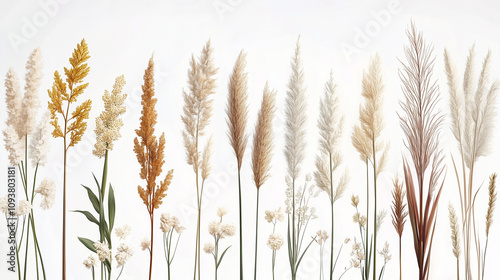 botanical watercolour illustrations of wild grasses on white background
