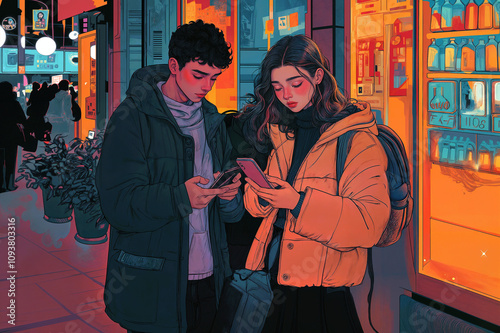 Young Gen Z Couple Engrossed in Smartphones Vibrant City street autumn