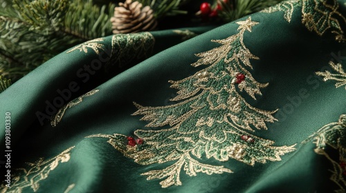 Elegant Green Satin Fabric with Christmas Tree Embroidery and Decorative Pine Cones, Perfect for Holiday Decor and Festive Table Setting photo