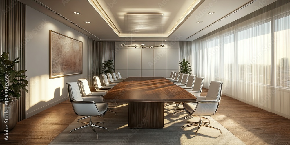 white grey modern meeting room with, wooden floor, brown long conference table and luxury chairs white grey modern meeting room with, wooden floor, brown long conference table and luxury chairs