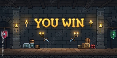 Dungeon Completer A dark pixelart dungeon filled with shimmering treasures and torches illuminates the screen. In the center You Win is scrawled in a medievalstyle pixel font photo