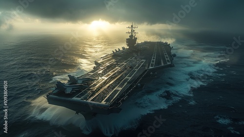 Aircraft Carrier at Sea with Fighter Jets on Deck, Naval Power and Strategic Defense.