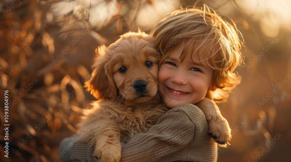 Young Boy with Radiant Smile Holding Fluffy Golden Retriever Puppy Young Boy with Radiant Smile Holding Fluffy Golden Retriever Puppy
