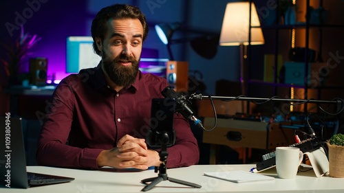 Media star talking in front on smartphone attached to tripod stabilizer in studio, discussing with viewers. Man using mobile phone to record video in living room for social media, camera A photo