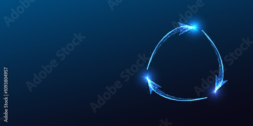 Glowing circular arrows form recycling symbol on dark blue background. Sustainability concept.