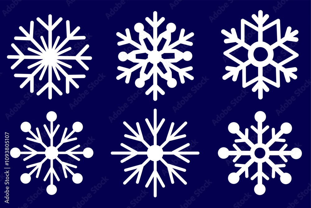 Six unique snowflake designs in white on a dark blue background. The graphic style is clean and minimalistic, representing winter themes. Vector illustration Six unique snowflake designs in white on a dark blue background. The graphic style is clean and minimalistic, representing winter themes. Vector illustration