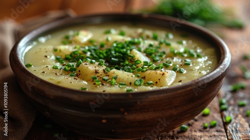 A hearty bowl of creamy Irish potato and leek soup with fresh herbs garnish