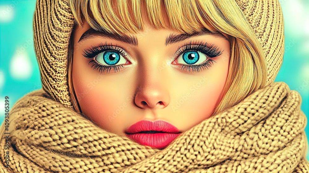 Cozy Winter Serenity: Intimate Close-Up of a Woman with Bright Blue Eyes and Soft Blonde Hair - Perfect for a Sporty Interior Poster or Warm Home Decor Cozy Winter Serenity: Intimate Close-Up of a Woman with Bright Blue Eyes and Soft Blonde Hair - Perfect for a Sporty Interior Poster or Warm Home Decor