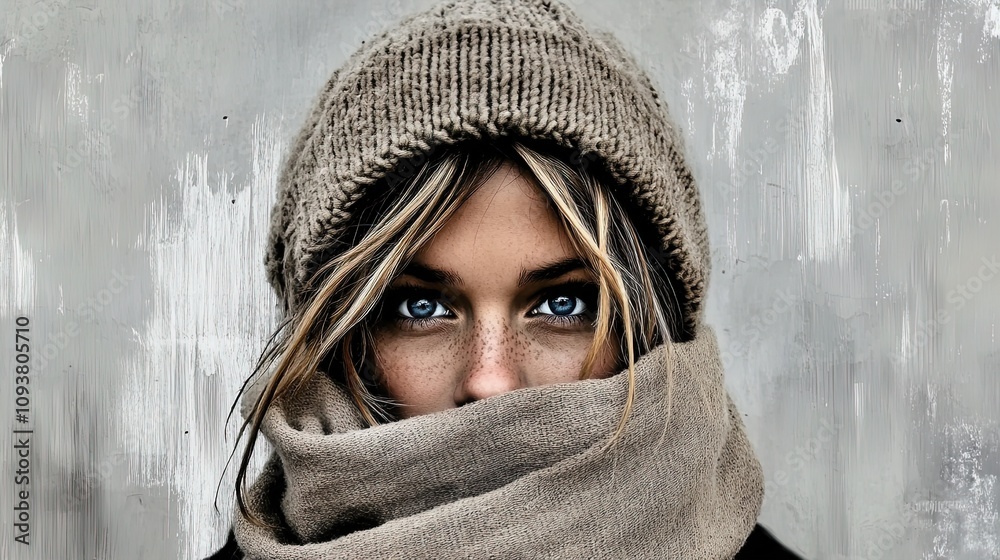 Fototapeta premium Serene Intimate Portrait of a Woman with Piercing Blue Eyes in Chunky Knit Scarf – Perfect for Sporty Interior Décor Posters