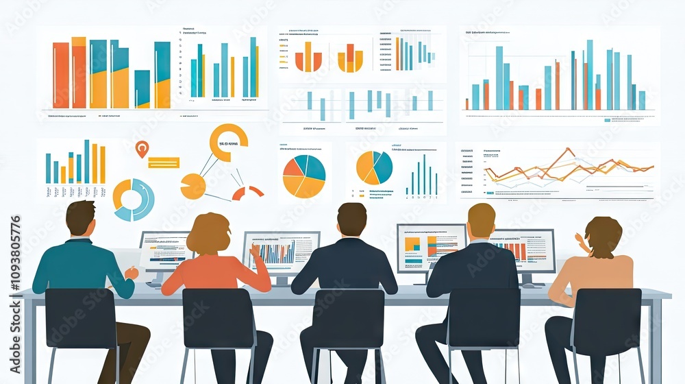Obraz premium Group of Professionals Analyzing Business Data and Graphs During a Meeting in an Office Environment, Focusing on Growth, Insights, and Teamwork