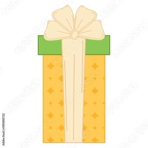 Yellow gift box with green lid and cream bow, Vector