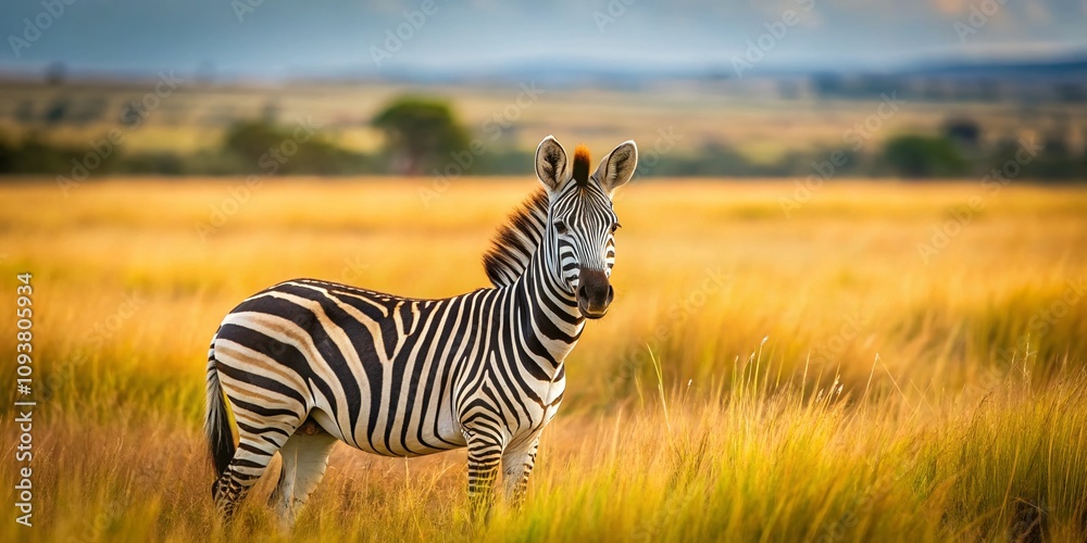 Naklejka premium Captivating Close-up of a Young Zebra in Natural Habitat Emphasizing Rule of Thirds, Showcasing Unique Stripes and Playful Behavior in a Lush African Landscape