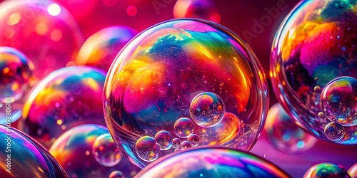 Captivating Closeup of Shimmering Soap Bubbles on a Vibrant Pink Background with Glowing Shades and Fluid Patterns, Showcasing the Beauty of Iridescence and Colorful Reflections