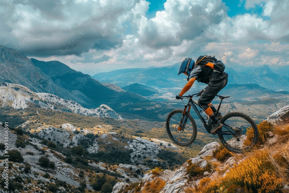 A mountain biker boldly jumping on a rocky trail with mountains in the background in an extreme sports setting A mountain biker boldly jumping on a rocky trail with mountains in the background in an extreme sports setting