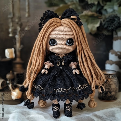 Nice halloween gothic girl witch doll crocheted made of yarn wool beautiful holiday picture handmade decor design art creative craft photo