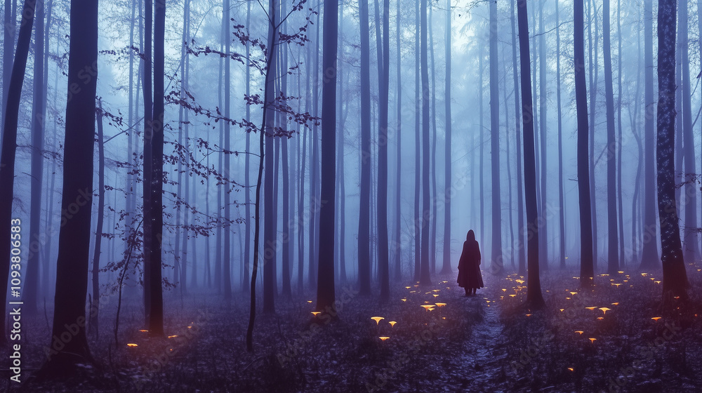 Naklejka premium Mysterious wanderer in enchanting foggy forest illuminated by bioluminescent mushrooms during Earth Day celebration