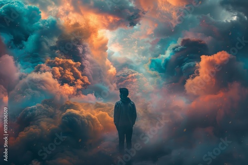 Wallpaper Mural A man walks through colorful clouds at sunset, creating a surreal, vibrant, and majestic atmosphere Torontodigital.ca
