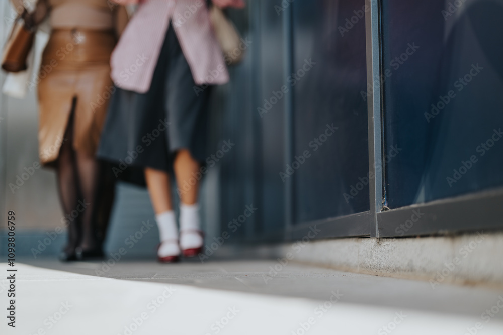 Blurred image of two business women walking side by side in a modern urban environment. The focus on footwear suggests movement and style. Ideal for concepts of business or urban lifestyle. Blurred image of two business women walking side by side in a modern urban environment. The focus on footwear suggests movement and style. Ideal for concepts of business or urban lifestyle.