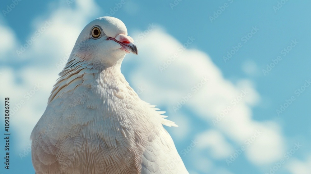 Beautiful white dove perched against a bright blue sky with fluffy clouds, symbolizing peace and tranquility. Captivating bird photography concept. Beautiful white dove perched against a bright blue sky with fluffy clouds, symbolizing peace and tranquility. Captivating bird photography concept.