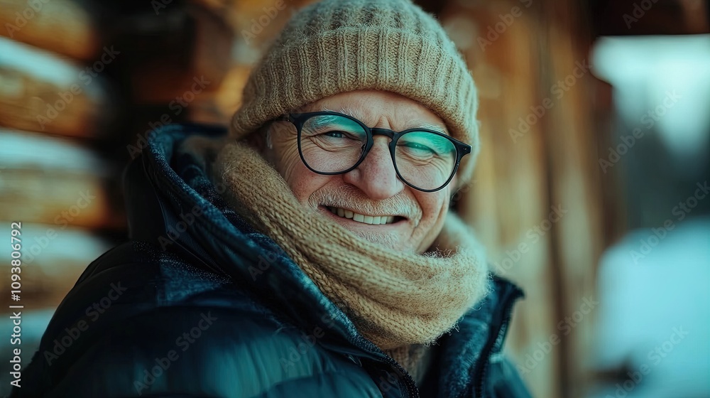 Cozy Winter Portrait: Older Man in Beige Scarf and Hat with Rustic Background - Perfect as a Sporty Interior Poster for Warmth and Charm