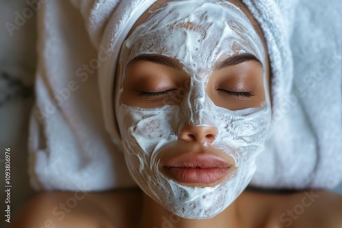 Woman enjoying a moisturizing facial mask treatment at a spa, promoting skincare and relaxation