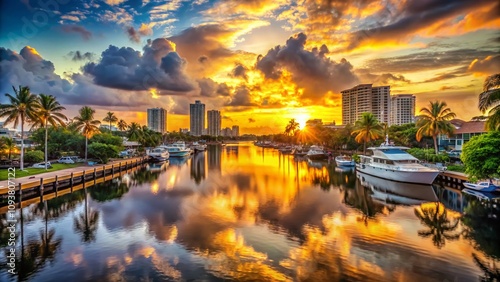 Captivating Double Exposure of a Golden Sunset Over the Intercoastal Waterway in Fort Lauderdale, Florida, Blending Nature and Urban Beauty for Stunning Visual Impact