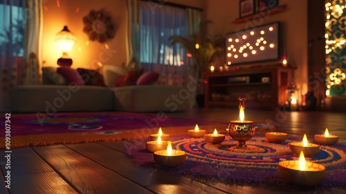 A festive Diwali home decor with rangoli designs and illuminated lamps photo