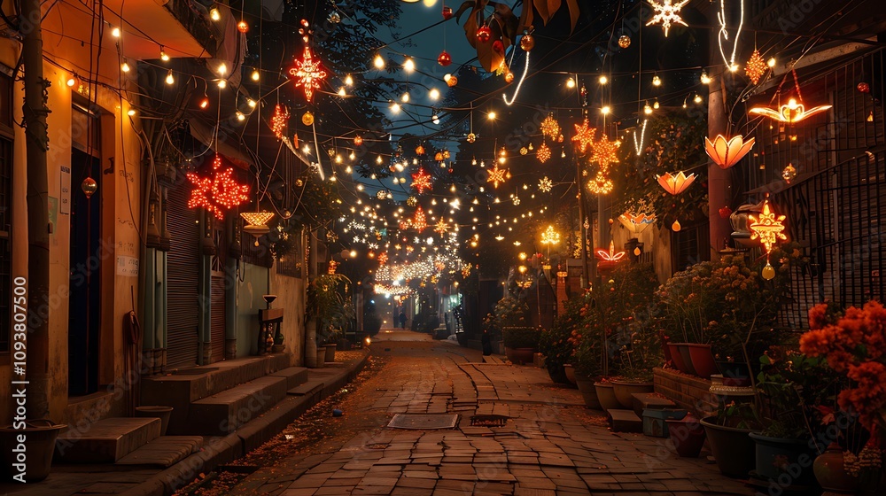 A festive Diwali street scene with homes adorned with lights and decorations A festive Diwali street scene with homes adorned with lights and decorations