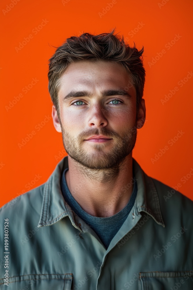 Confident engineer posing on orange background, wearing work uniform Confident engineer posing on orange background, wearing work uniform