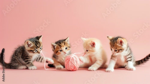 Four adorable kittens play with a ball of yarn.